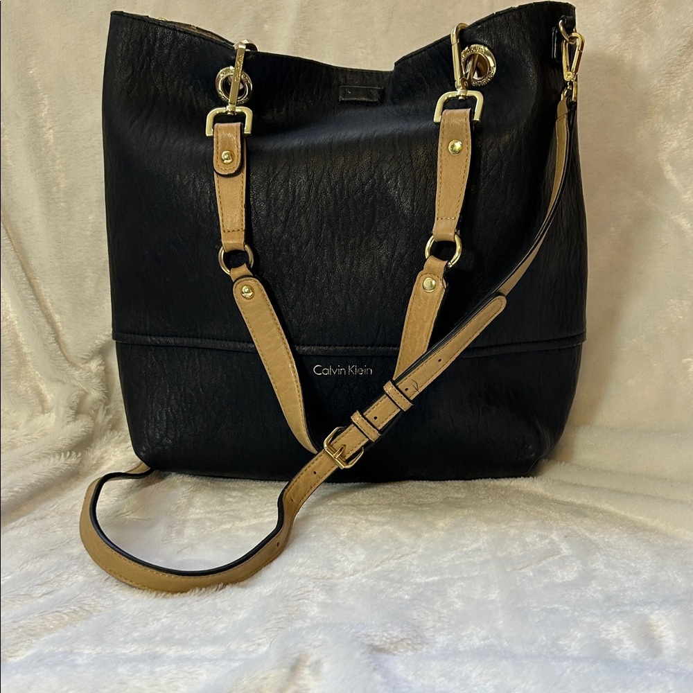 Calvin Klein Black and Tan Shoulder Bag